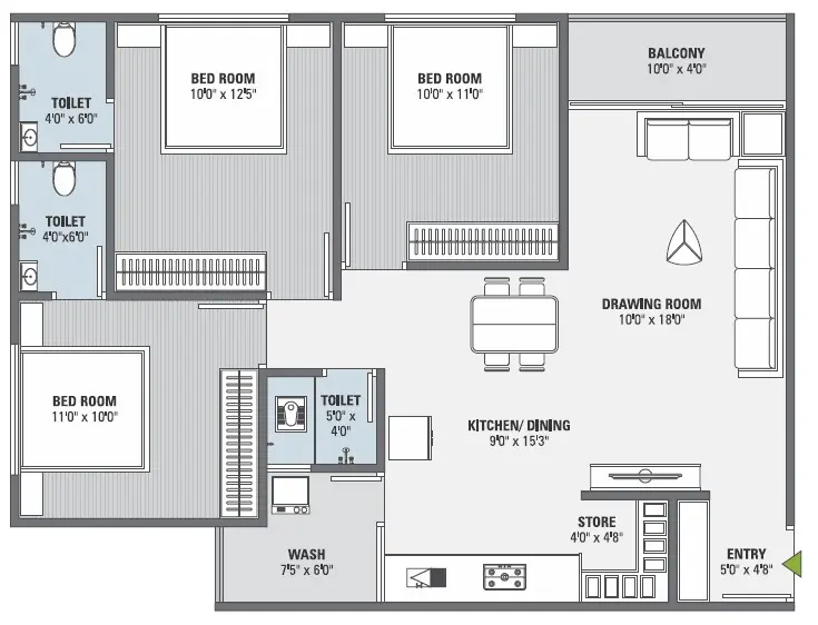 3 BHK Unit Plan Block A B J K
