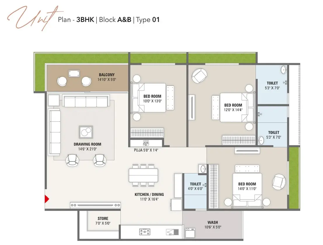 3 BHK Unit Plan