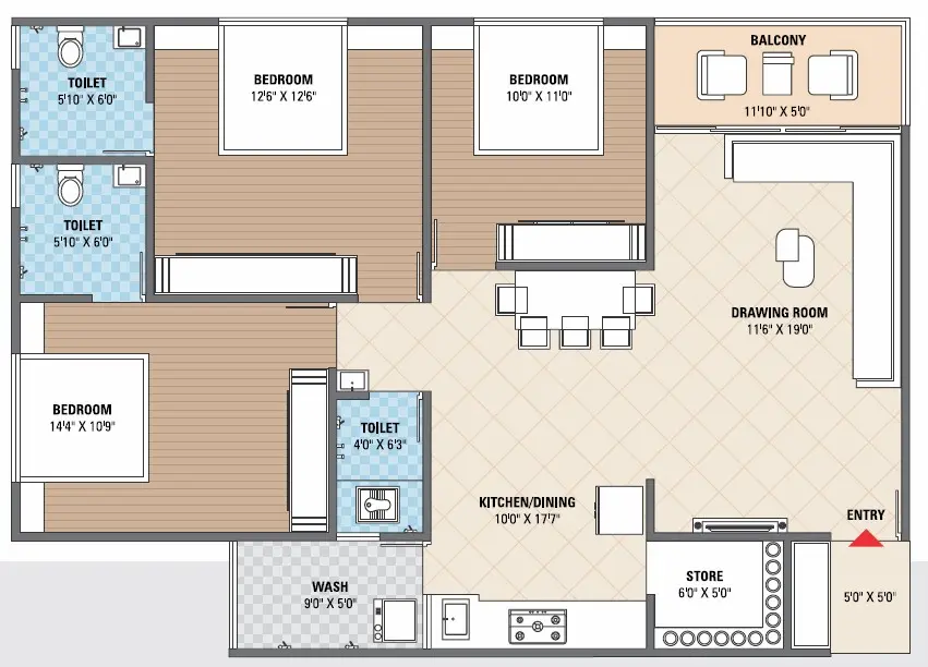 3 BHK Floor Plan